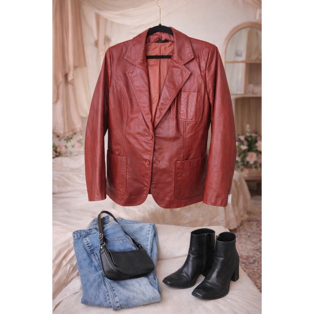 Vintage Red Leather Blazer Jacket • 90s Y2K Fitted • Small